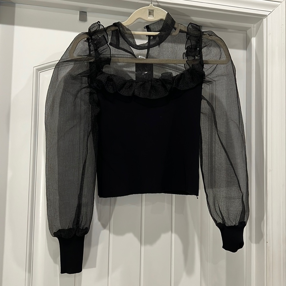 Forever 21; black sweater crop with sheer sleeves; tags attached; NEVER WORN